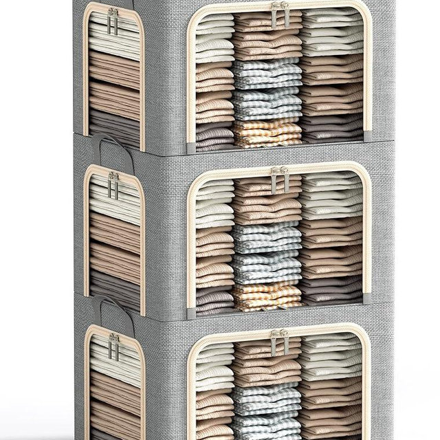 3 Opeings Large Clothes Storage Bins with Metal Frame, Foldable Storage Bin for Clothes, Clothing Storage Bins with Lid, Linen Storage Box With Clear Window＆ Zippers＆ Handles.(3 Pcs,Light Grey,66L)