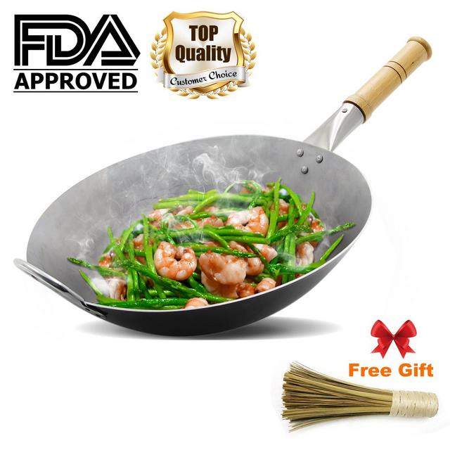 Ieoke Wok Pan, Chinese Pan Iron Wok Traditional Hand Hammered Uncoated Carbon Steel Cookware with Wooden Helper, 14.4 inch Round Bottom