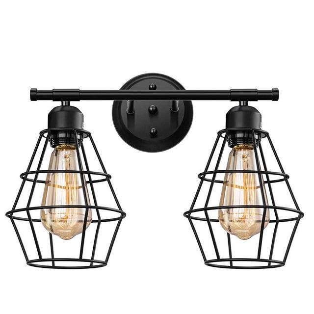 Elibbren Farmhouse Rustic Style E26 Base Metal Matte Black Industrial Bathroom Wall Light Fixture for Bathroom Vanity Mirror Cabinets Dressing Table,Vintage 2-Lights Vanity Wall Sconce Lighting.