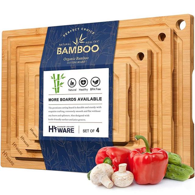 Hiware 4-Piece Bamboo Cutting Boards for Kitchen, Heavy Duty Cutting Board with Juice Groove, 100% Organic Bamboo Chopping Board Set for Meat, Vegetables - Pre Oiled, Extra Large