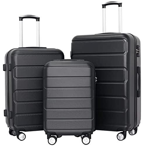Ceilo Travel 3 Pieces ABS Luggage Sets with TSA Lock Lightweight 360°Durable Spinner Suitcase 20" 24" 28", 3PCS Black