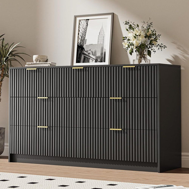 MAISONARIA Black 7 Drawer Dresser for Bedroom, 55.9" Wide Modern Fluted Dresser with Gold Metal Handles, Wide Chest of Drawers for Bedroom, Living Room, Entryway, Hallway