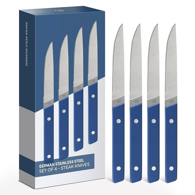 Misen Steak Knives Set of 4 - Precision Serrated Blades for Effortless Dining - German Stainless Steel - Superior Cuts with Four Steak Knives - Comfortable, Sleek Handles - Blue
