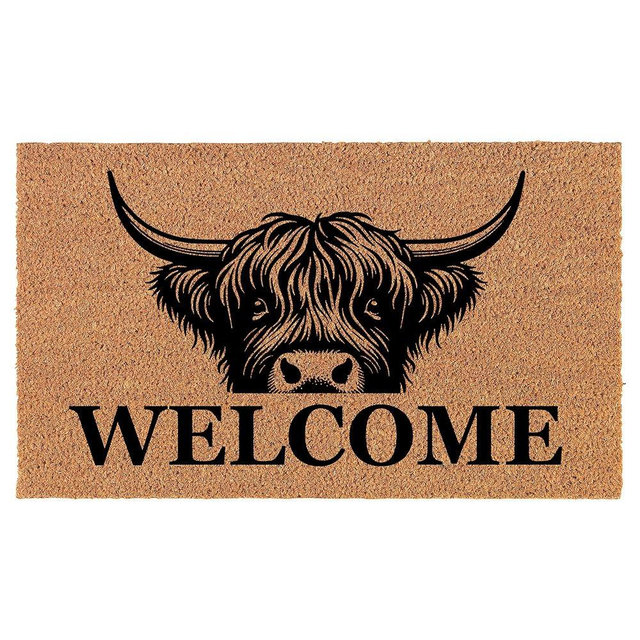 Welcome Doormat Coco Coir Door Mat Gift Welcome Peeking Highland Cow (30" x 18")