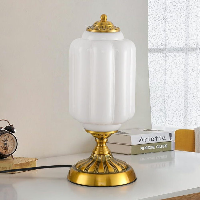 Pandaluna Vintage Milk Glass Table Lamp, Art Deco Mid Century Modern Bedside Lamp, Bedroom Nightstand & Living Room Essential, Antique Gold Base, E12 LED Bulb Included, 14.6 Inch Height