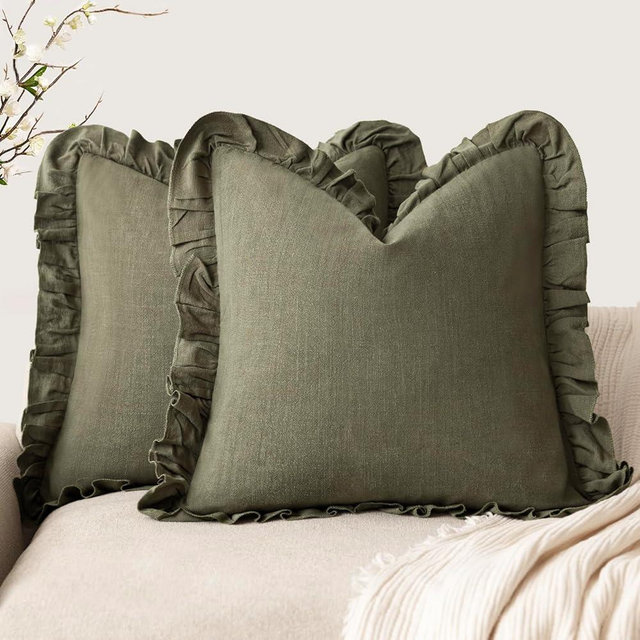 Foindtower Set of 2 Decorative Soild Fringe Ruffle Throw Pillow Covers Soft Boho Farmhouse Cushion Cover Cozy Accent Retro Pillowcase for Couch Sofa Bed Living Room Home Decor,22×22 Inch,Olive Green