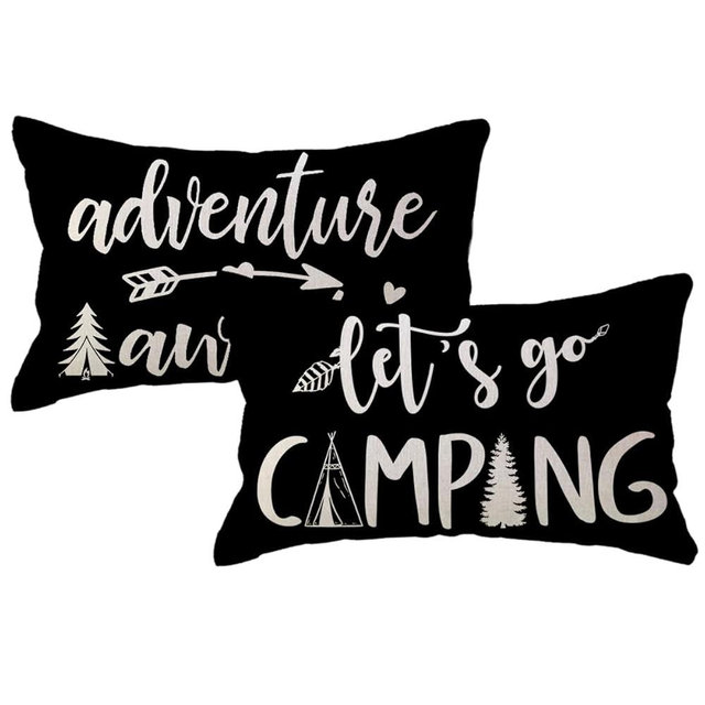 Adventure Camper Decorative Lumbar Pillowcase Double-sided Let’s Go Camping/Adventure Awaits Throw Pillow Covers Cabin/Camper Cushion Covers 12x20,2Pack for Sofa/Couch/Porch (Black)