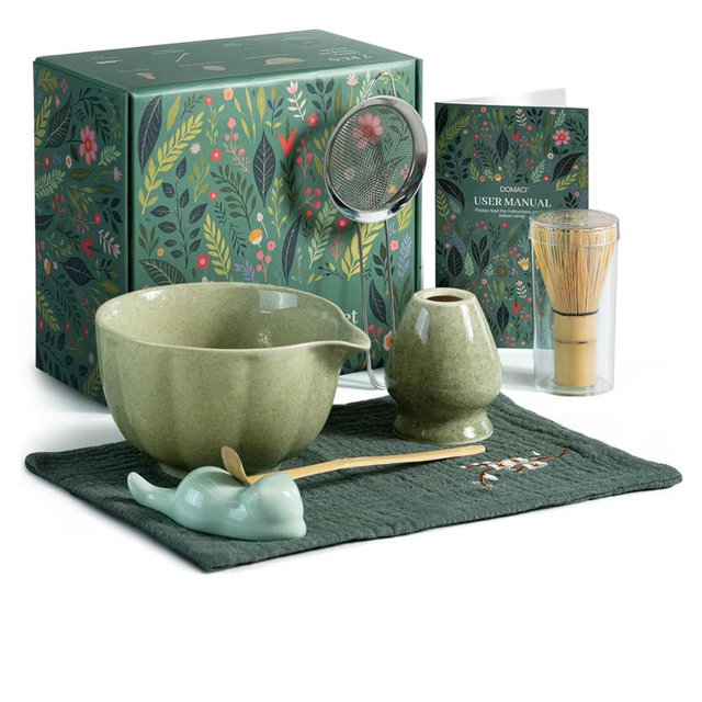 Matcha Whisk Set, 7 Pcs Japanese Matcha Kit Includes Matcha Bowl with Spout, Bamboo Whisk, Chasen Holder, Stainless Sifter, Scoop and Rest, Tea Towel, Matcha Tea Set Gift for Family/Friend