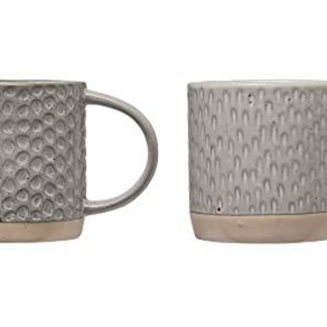 Bloomingville 12 oz. Debossed Stoneware Reactive Glaze Finish (Set of 4 Patterns/Each one Will Vary) Mugs, Grey, 4 Count