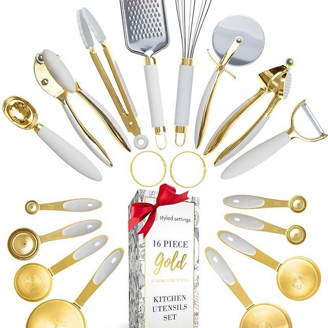 Styled Settings White and Gold Kitchen Utensils Set - 16 PC Gold Kitchen Set Includes Gold Measuring Cups and Spoons Set and White and Gold Cooking Utensils Set - White and Gold Kitchen Accessories
