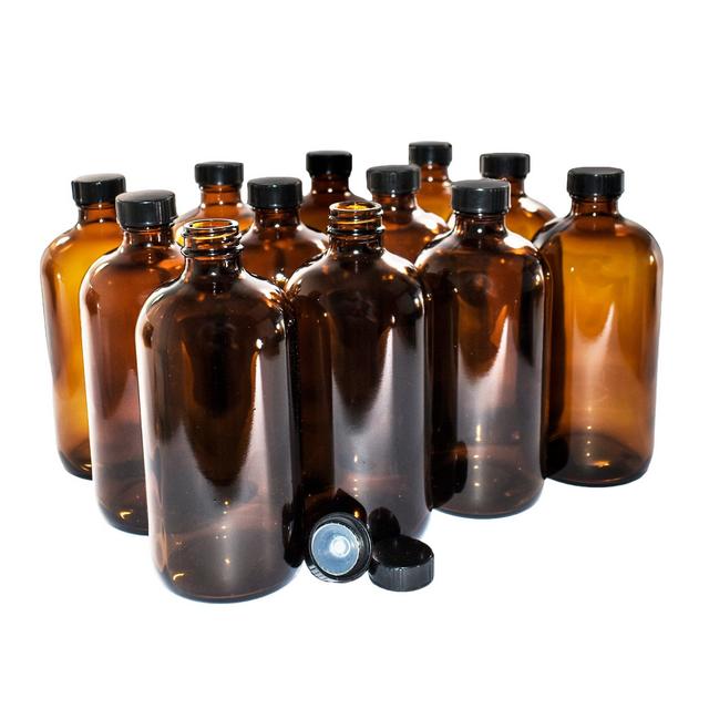 (12 Pack) 16 oz. Amber Boston Round with Black Poly Cone Cap