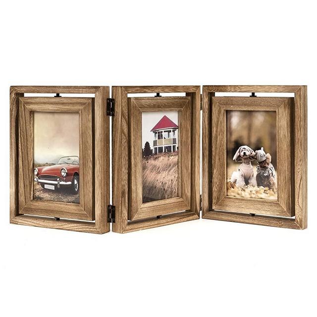 Emfogo 4x6 Picture Frame Rustic Wood Hinged Folding Triple Picture Frames Collage, Double-Sided Display Rotatable High Definition Glass Photo Frame for Home TableTop(Carbonized Black)