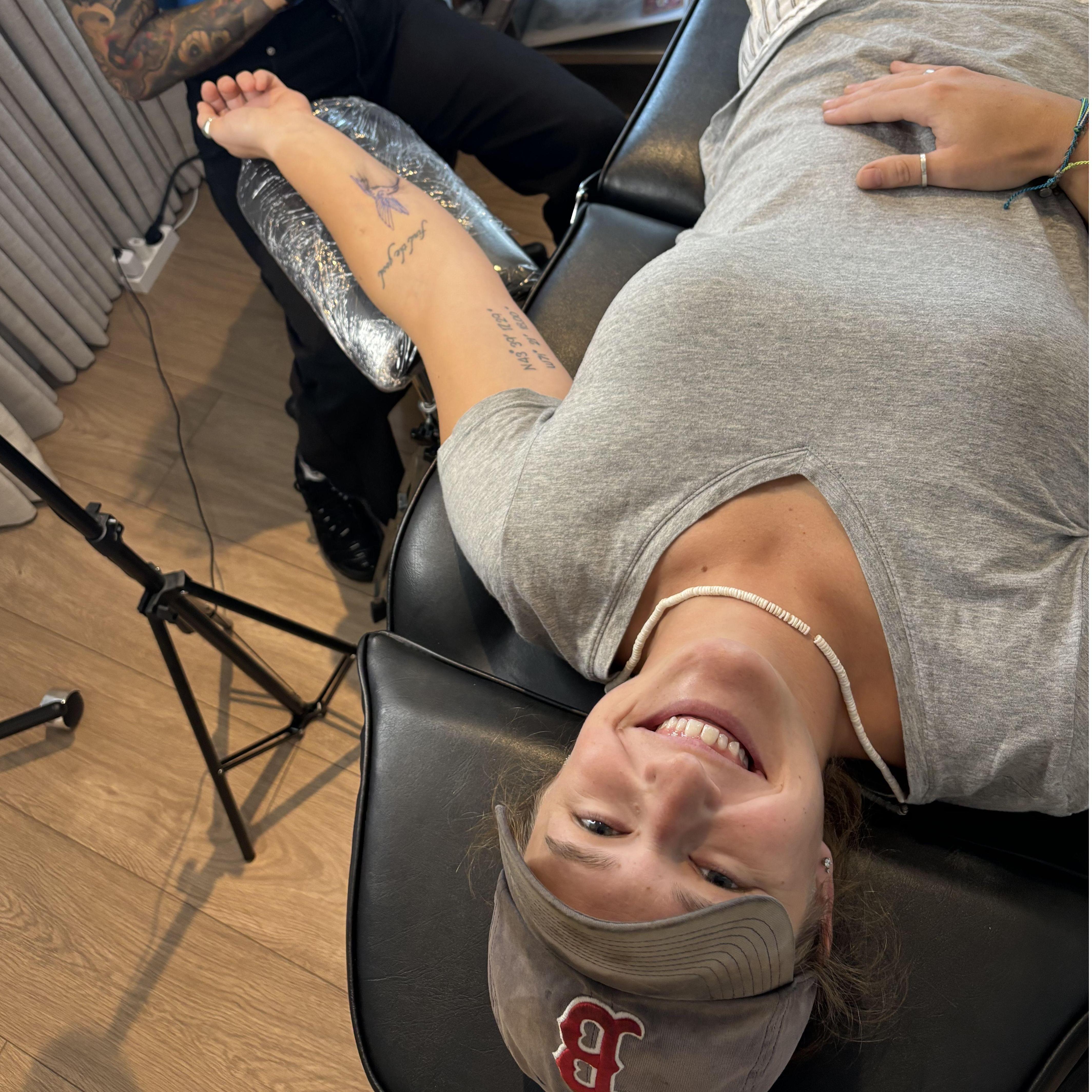 Morgan getting ready for her tattoo, we stopped spontaneously in a women-owned shop in downtown Copenhagen one rainy afternoon and got tattoos! September 2024.