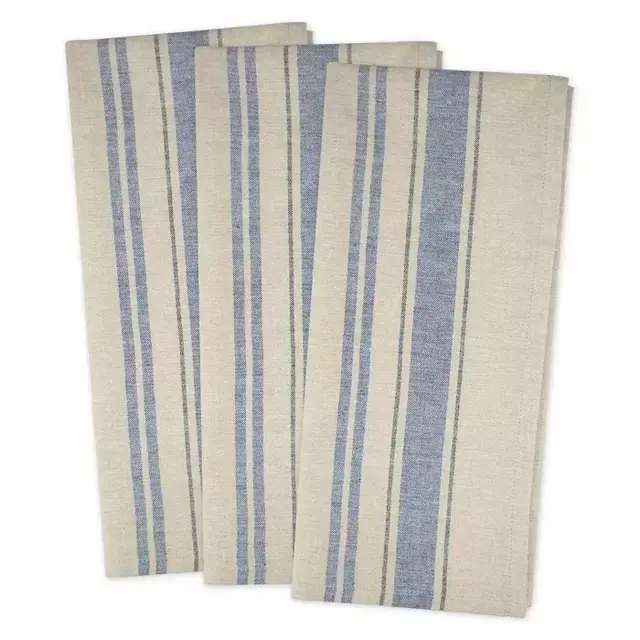 3pk Cotton French Stripe Woven Dishtowels Blue - Design Imports