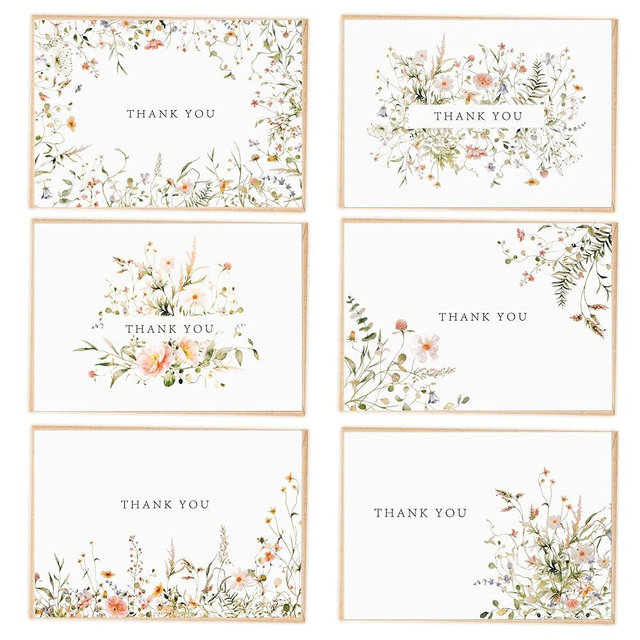 SPIRITDUST 52-pack Floral Thank You Cards Bulk with Kraft Envelopes & Matching Stickers, 3.5x5 Inches, 6 Wildflower Designs | Perfect for Weddings, Baby & Bridal Showers, Graduations & Birthday