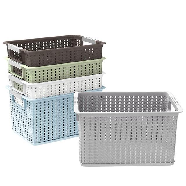 Lawei 5 Pack Plastic Storage Baskets, 10.6 x 7.3 x 5.5 Inch Weave Storage Bins with Handle, Plastic Shelf Organizer Basket for Home Cabinet, Pantry Storage Bins for Toys, Classroom