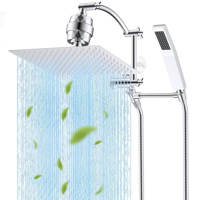 Hibbent All Metal 12'' Filtered Rainfall Shower Head with Handheld Combo, High Pressure Shower Wand, 16'' Adjustable Arc Extension Arm, 20 Stage Shower Filter, 71'' Hose, Shower Head Holder, Chrome