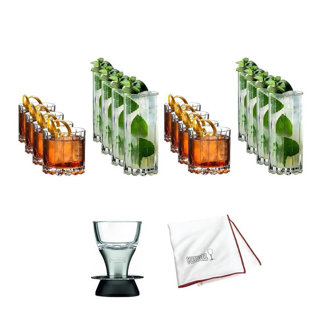 Riedel Drink Specific Glassware Rocks and Highball (Set of 16 Glasses) Bundle with Professional Wine Aerator and Large Microfiber Polishing Cloth (4 Items)