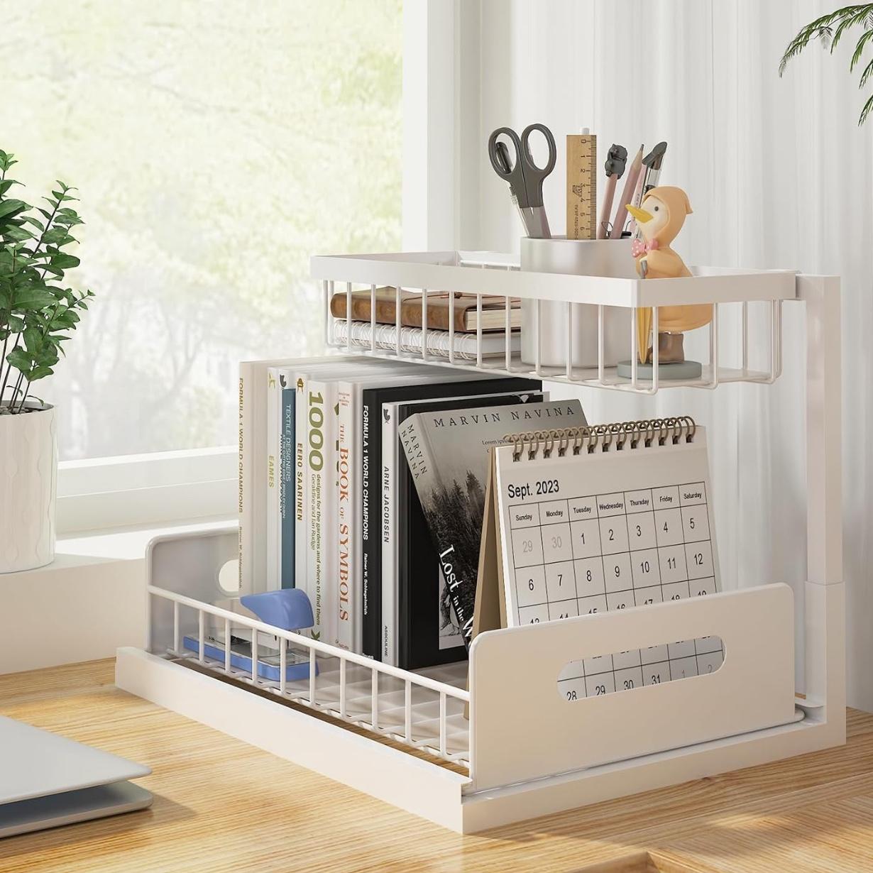 REALINN Under Sink Organizer, Pull Out Cabinet Organizer 2 Tier Slide Out Sink Shelf Cabinet Storage Shelves, Under Sink Storage for Kitchen Bathroom Cabinet, White, 2 Pack