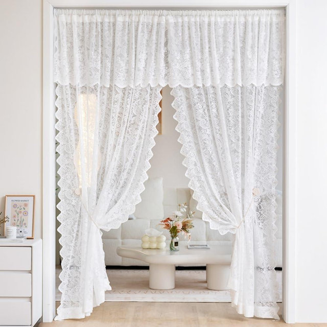 GET ENAI White Lace Curtains with Valances 84 Inches Long 2 Panels for Living Room Bedroom, Vintage Victorian Floral Embroidered Priscilla Curtains Elegant Scalloped Beaded French Window Drapes