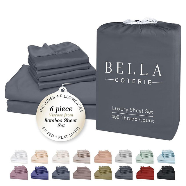 Bella Coterie 6 Piece Luxury Bamboo Viscose Queen Size Sheet Set | 100% Organically Grown | Cooling for Hot Sleepers | 18" Deep Pocket | Soft & Hypoallergenic | 4 Pillowcases [Charcoal Grey]