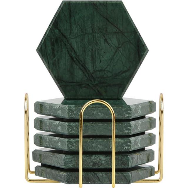 TransMarble Marble Coasters for Drinks with Metal Stand for High-End Lifestyle (Set of 6pcs) (Hexagonal, Emerald Green)
