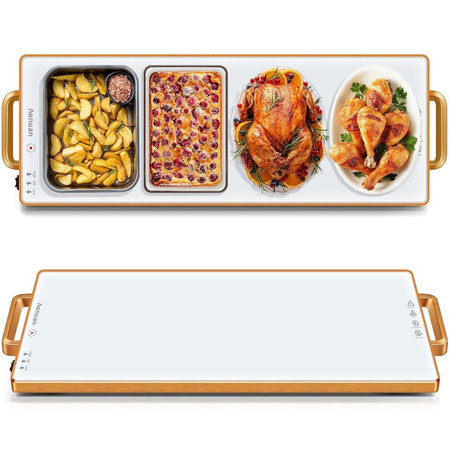 Warming Trays for Buffets Party (Long 31.5"x11.8"), Warming Mat for Food with Thermostat & Full Surface Warming, Temperature Adjustable Food Warming Mat, All Year Use White Chafing Dishes