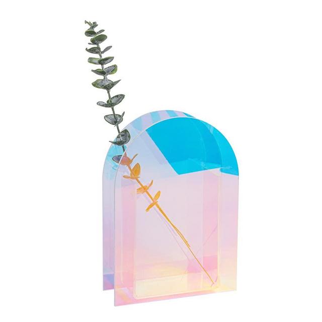 Iridescent Acrylic Vase for Artificial Flower Fake Eucalyptus Plant Leaves Office Home Decor Contemporary Tabletop Minimalist Geometric Mini Decoration Make Up Brushes Organizer Holder（RainbowShort）