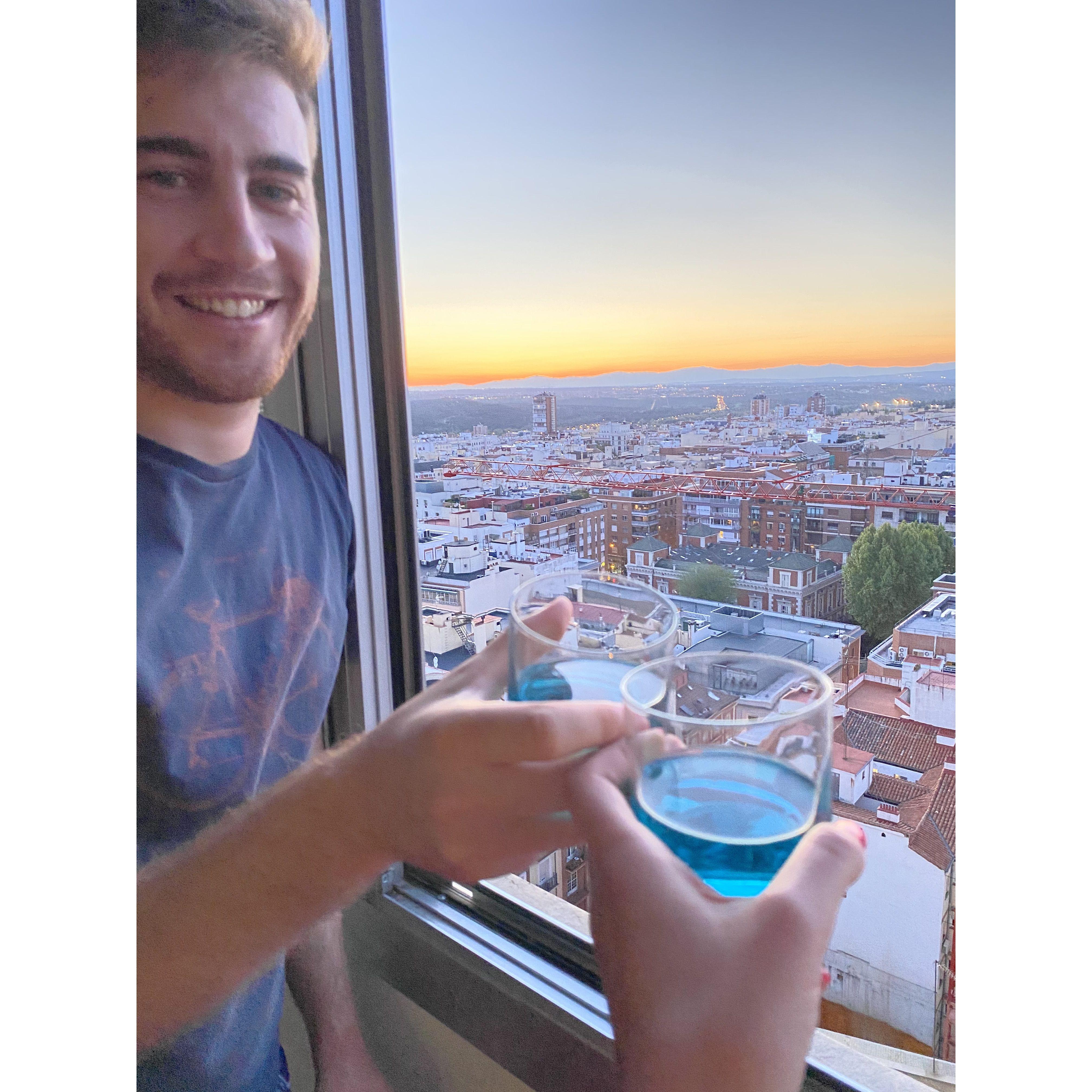 My Madrid apartment had the most amazing views, and Pedro and I enjoyed some blue wine for the first time while enjoying the sunset