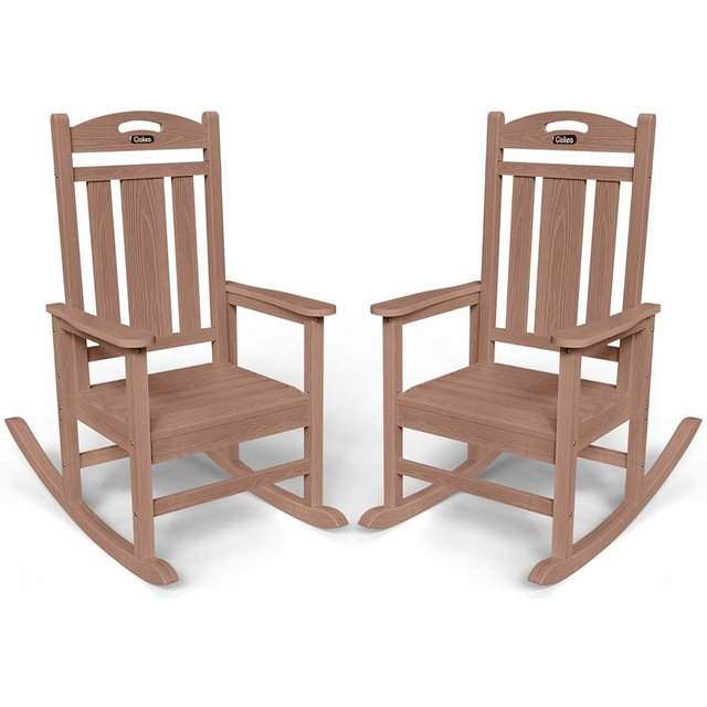 Ciokea Outdoor Rocking Chair Set of 2, Teak HDPE Rocking Chairs for Outside, All-Weather Comfortable Patio Rockers for Front Porch Deck Balcony
