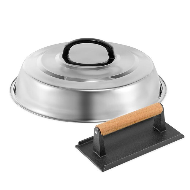 BBQ Accessories 12 Inch Round Stainless Steel Basting Cover - Cheese Melting Dome Rectangle Cast Iron Grill Press Kit for Hamburger Bacon Steak, Best for Blackstone Camp Chef Flat Top Griddle Grill