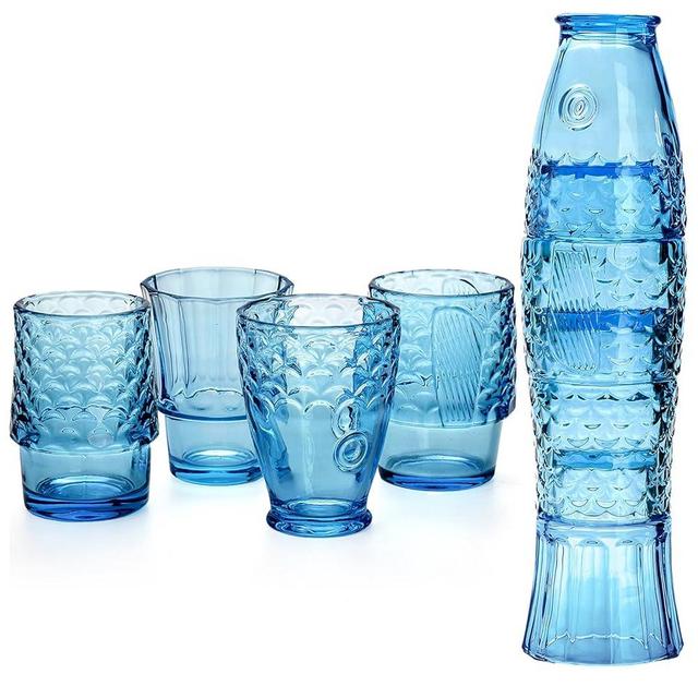 Frcctre Set of 4 Koi Fish Design Drinking Glasses, Stackable Drinking Glasses Fish Shaped Beverage Cups Juice Tumblers Drinking Water Cups Nautical Glassware for Home, Party, Blue
