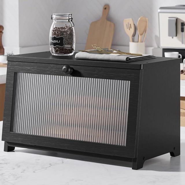 Kitsure Bread Box - Wooden Bread Box for Kitchen Countertop, Large Capacity Kitchen Countertop Organizer, Stylish Bread Storage with Window, Multi-functional Container, Black, 15.0"x8.3"x9.1" (1T)