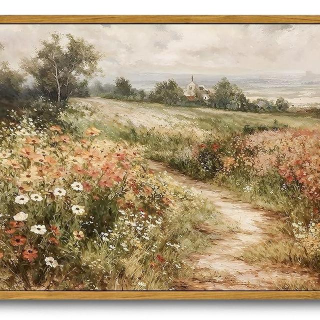 OIQArtOIQ Vintage Wildflowers Landscape Wall Art Framed Floral Natural Scenery Oil Painting Canvas Prints Country Farmhouse Rustic Fall Decor Pictures Kitchen Bedroom Living Room Bathroom