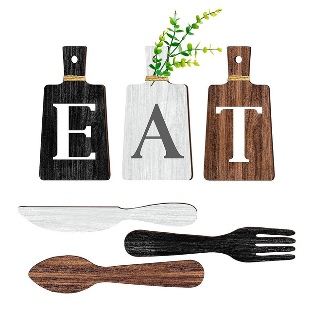JINRICH 6 Piece Kitchen Decor Chopping Board Eat Sign Forks and Spoons Wall Decor Wooden Restaurant Hanging Sign Rustic Farmhouse Wall Art Home Decor（black, white and brown）