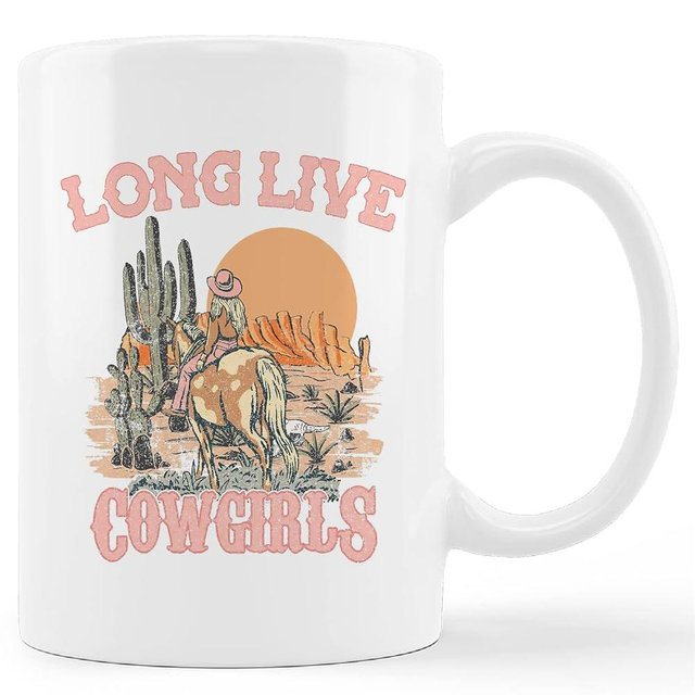 kunlisa Retro Western Long Live Cowgirls Ceramic Mug-11oz Coffee Milk Tea Mug Cup,Western Country Cowgirl Horse Cactus Sunset Landscape Teen Girls Gifts, Cowgirl Gifts for Girls