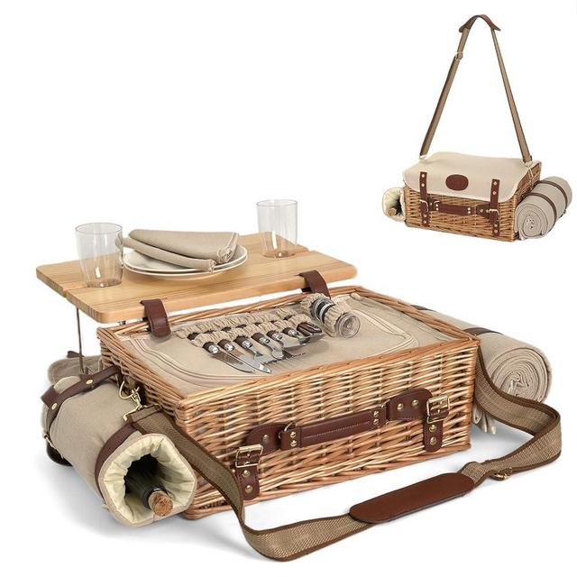 Mutifunctional Wicker Picnic Basket Set for 2 with Blanket and Picnic Table, Insulated Picnic Set with Full Tablewares for Camping Outdoor Couples Valentine Thanks Giving Birthday, Natural