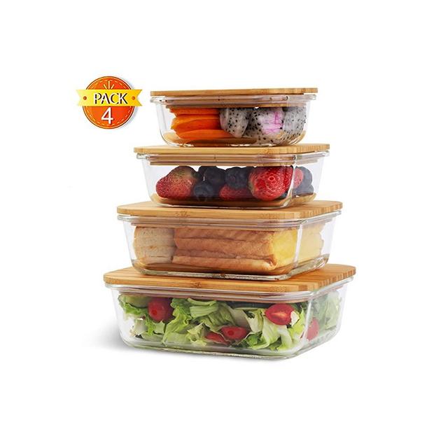 Max K Glass Food Storage Containers with Bamboo Lids - Zero-Plastic Lunch Boxes with Airtight Covers & Leak-Proof Silicone Seal - Wooden Tops Double as Cutting Boards - Safe, Sustainable Kitchen Ware