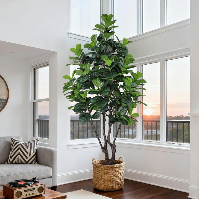 8FT Faux Fiddle Leaf Fig Tree Artificial Plants Indoor Ficus Lyrata Trees | Realistic Large Faux Trees Indoor in Pot, Fake Floor Plant for Home Decor Office Living Room Christmas Housewarming Gifts