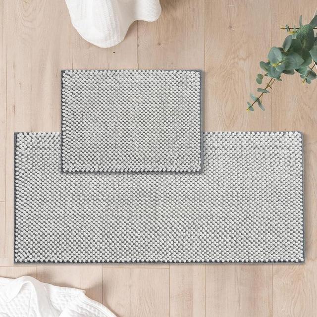 FRESHMINT Chenille Bathroom Rugs Sets 2 Piece, Non-Slip Bath Mats Set for Bathroom, Absorbent Bath Rug, Washable Set of 2 Shower Floor Mat Runner 17"x24"+20"x47", Grey and White