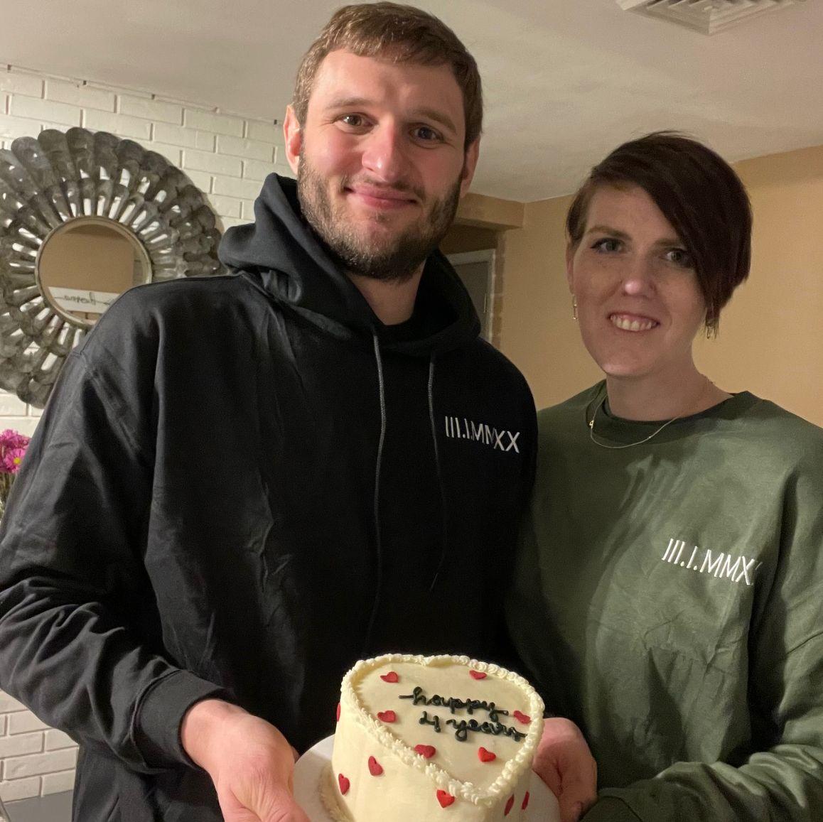 Celebrating our 4-year anniversary in our new home in Troy! Paige got us matching hoodie and sweaters. March 02, 2024