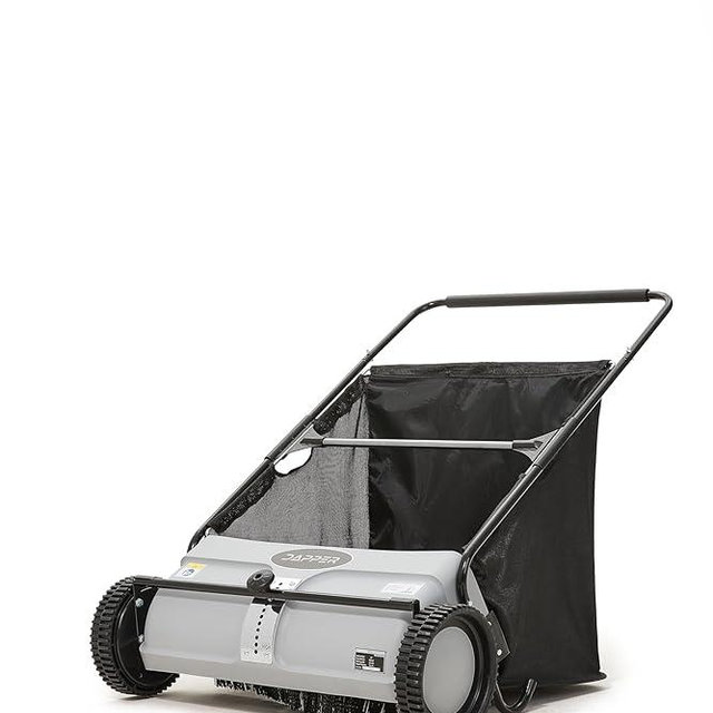 26-Inch Push Lawn Sweeper, Grass, Lawn and Leaf Cleanup Collector with Large 7 cu. ft. Hopper Bag, Durable Rubber Wheels, and Dual Spinning Brushes, Grey (26 inch)
