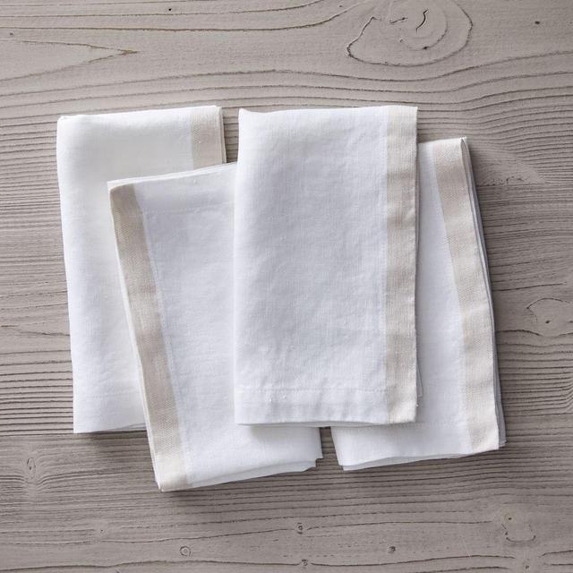 Contrast Border Linen Napkins, White, Set of 4, 18"x18"