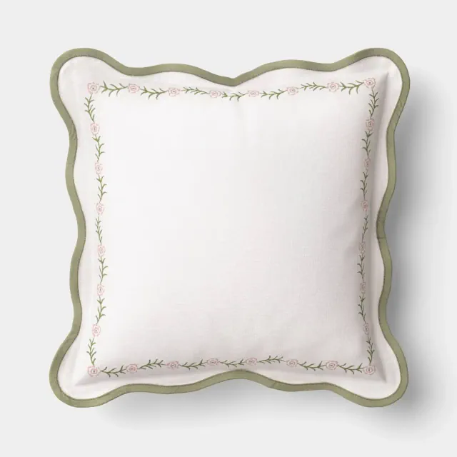 18''x18'' Woven Pillow with Embroidery and Scallop Ivory and Green - Threshold™
