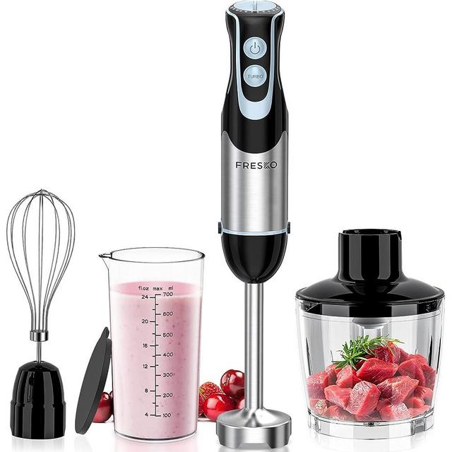 FRESKO 4-in-1 Immersion Blender - 500W Powerful Stick Blender with 12-Speeds & Turbo Mode, Anti-Splash Design, 304 Stainless Steel Blades, Includes Measuring Cup, Chopper & Whisk Attachment (HB3302)