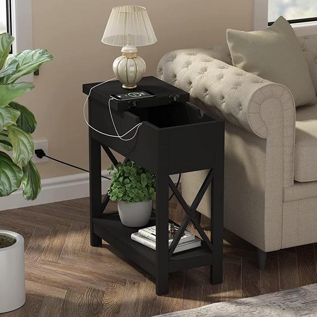 ChooChoo End Table with Charging Station, Narrow Flip Top Side Table with USB Ports & Power Outlets for Small Spaces, Bedside Table with Storage, Nightstand Sofa Table for Living Room, Bedroom Black