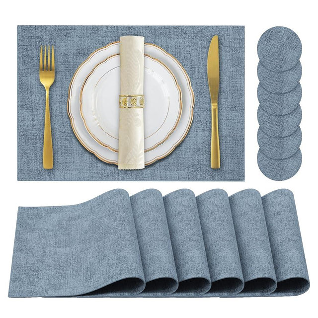 JUCCWARM Faux Leather Placemats Set of 6,Heat Resistant Placemats for Dining Table, Easy Clean Non-Slip Place Mats, Waterproof Stain Resistant Wipeable Washable PU Table Mats, (Blue)