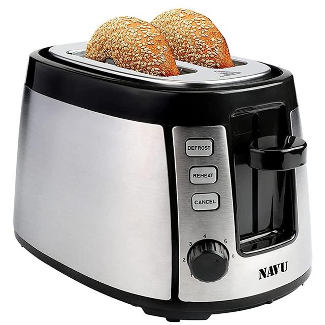 Toaster 2 Slice, NAVU Extra Wide Slot Toasters, Stainless Steel Bread Toaster with 7 Browning Settings, Defrost/Reheat/Cancel Function, 800W, Silver Black