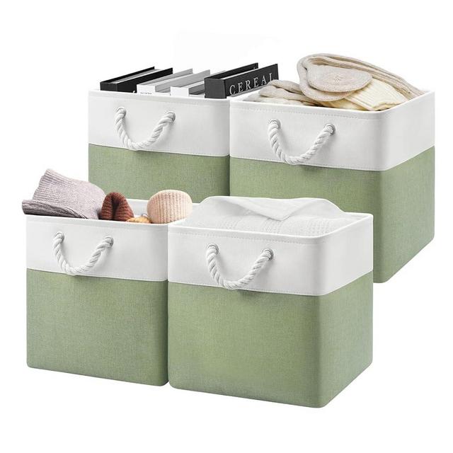 Patvingot 13x13x13 Cube Storage Bins,4 Pack Large Foldable Fabric Storage Cubes with Handles for Organizing Home, Closet, Shelf, Office(White&Green)