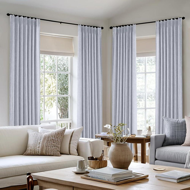 MIULEE Chambray Blue Pinch Pleated 100% Blackout Linen Curtains for Bedroom, Room Darkening Light Blocking Window Curtain 84 inches Long for Living Room, Black Out Pleat Drape with Pin Hooks, 2 Panels